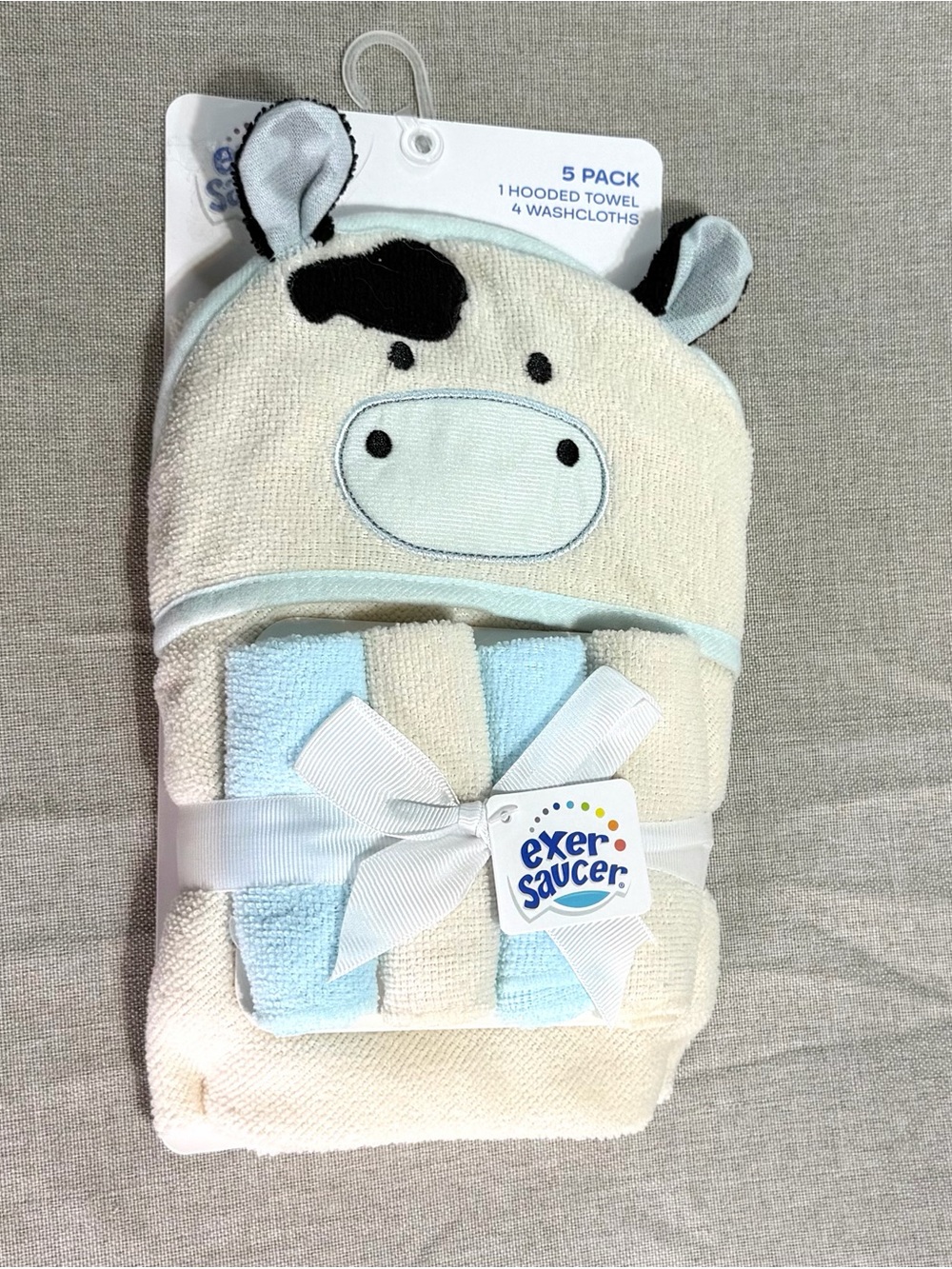 Baby Cow Hooded Towel & Washcloth Set - Cream and Light Blue